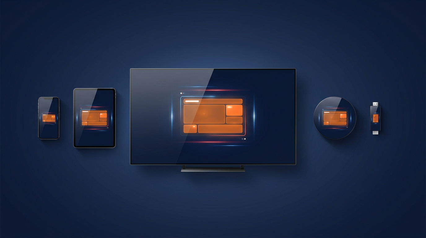 IPTV op Smart TV, smartphone, tablet, set-top box en streaming-stick, in oranje en navyblauw