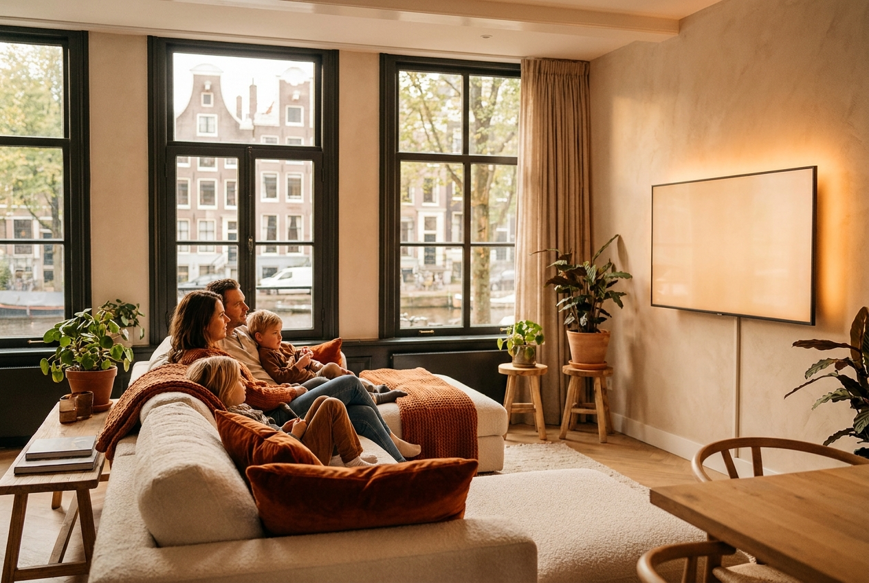 Gezin dat samen televisie kijkt in een moderne Nederlandse woonkamer