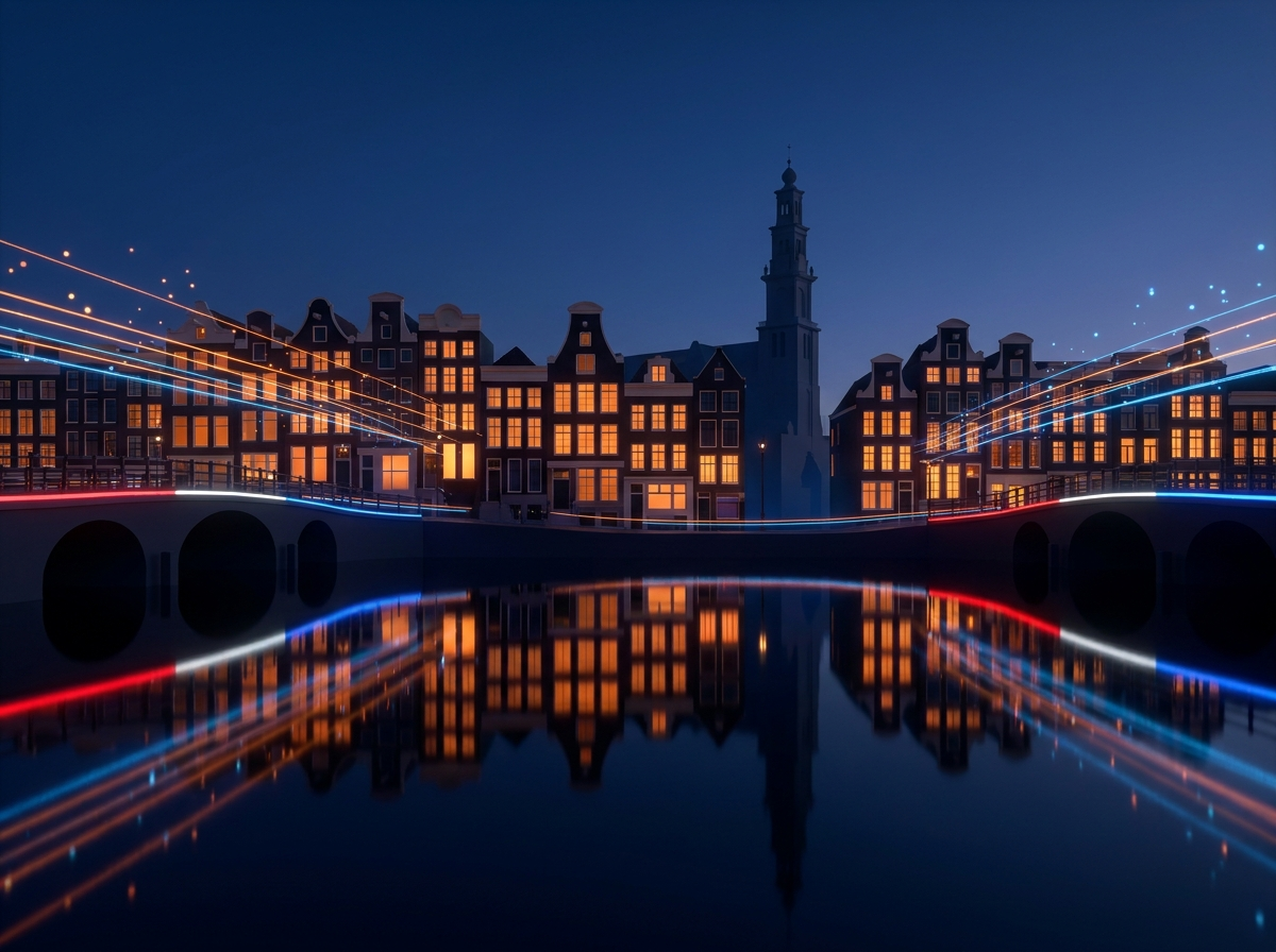 Skyline van Amsterdam met grachten en moderne gebouwen, abstracte streaming-sfeer in oranje en blauw