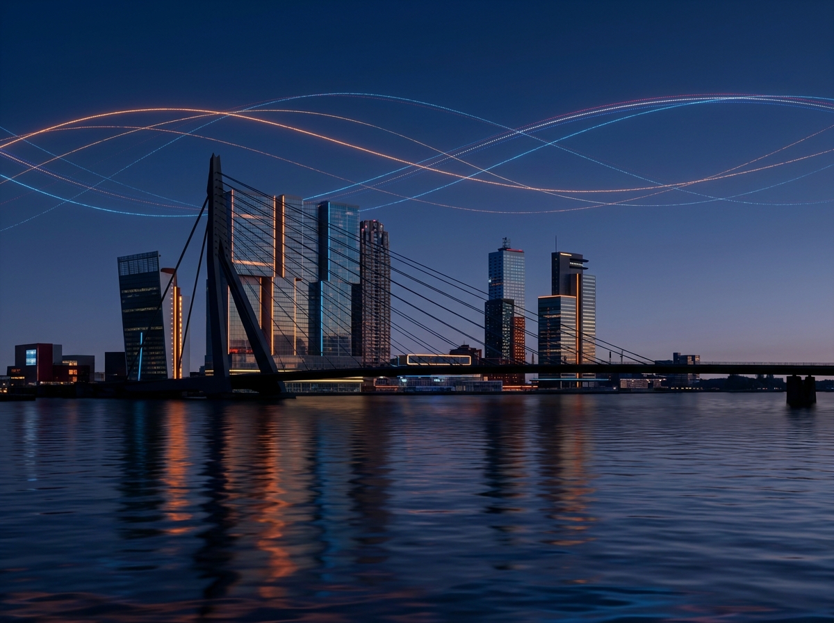 Moderne skyline van Rotterdam met de Erasmusbrug, abstracte streaming-sfeer in oranje en blauw