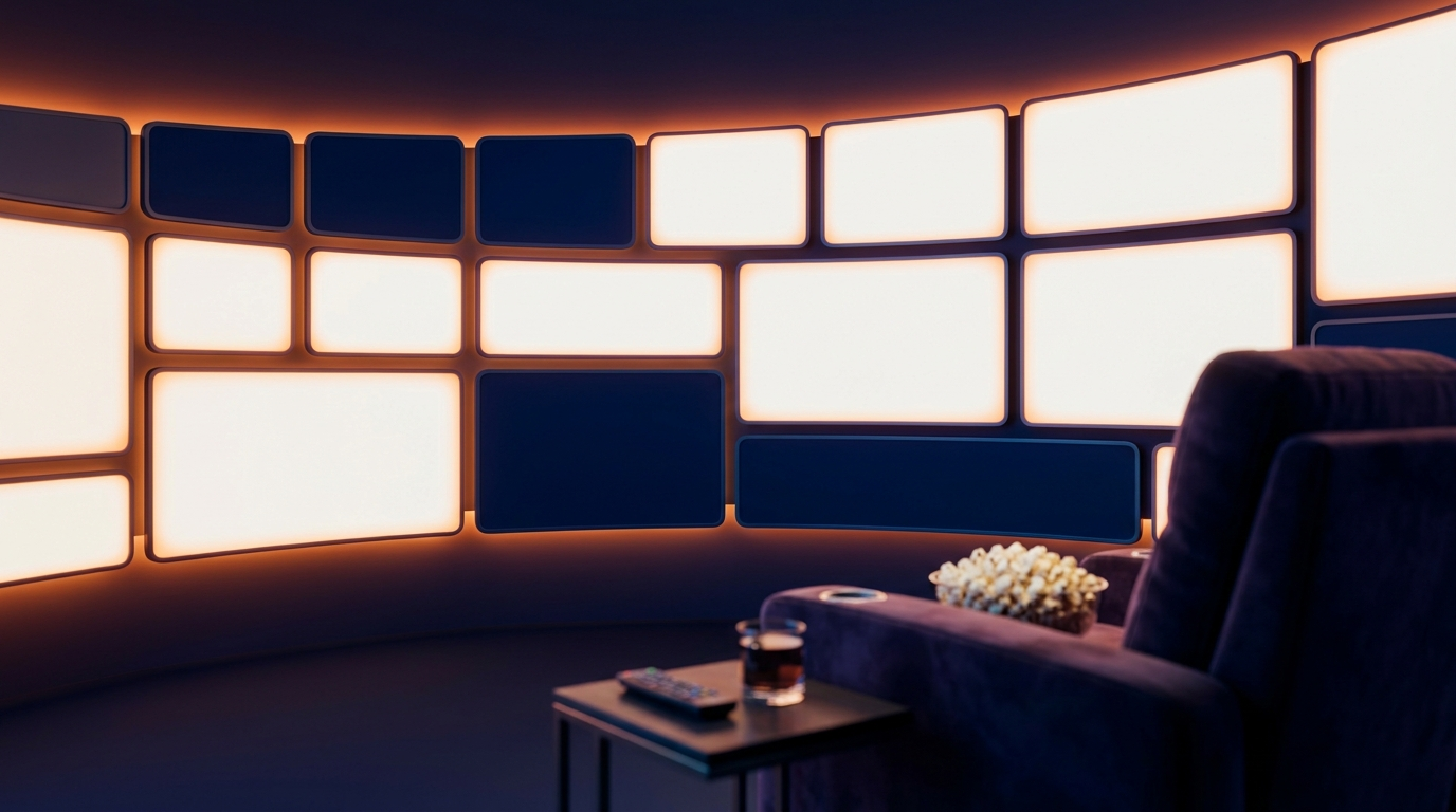 Sfeerbeeld van een filmbibliotheek met gloeiende contenttegels in oranje en navyblauw