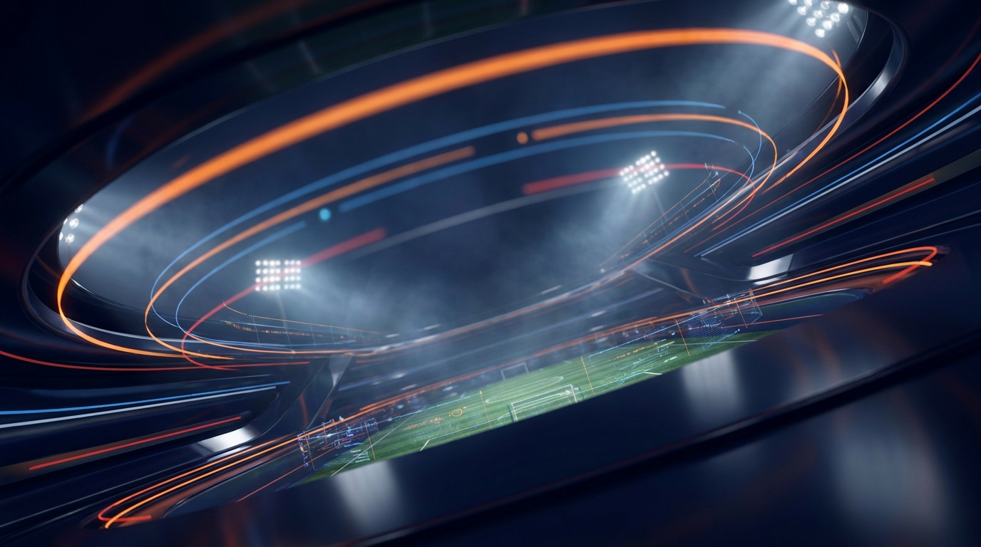 Sfeerbeeld van live sport streaming met stadionverlichting in oranje en navyblauw